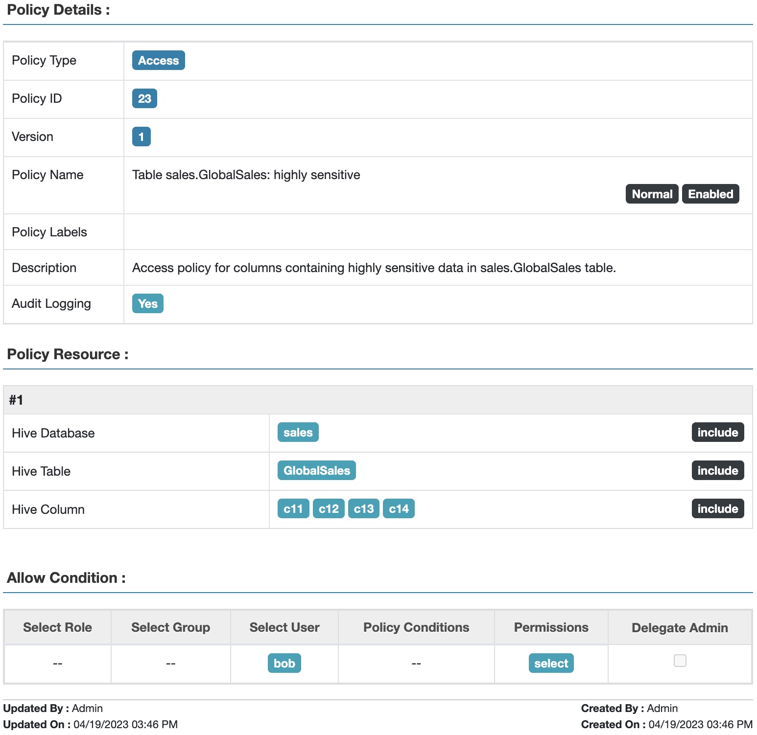 Fig 2. Apache Ranger™ access policy for highly sensitive data in table GlobalSales