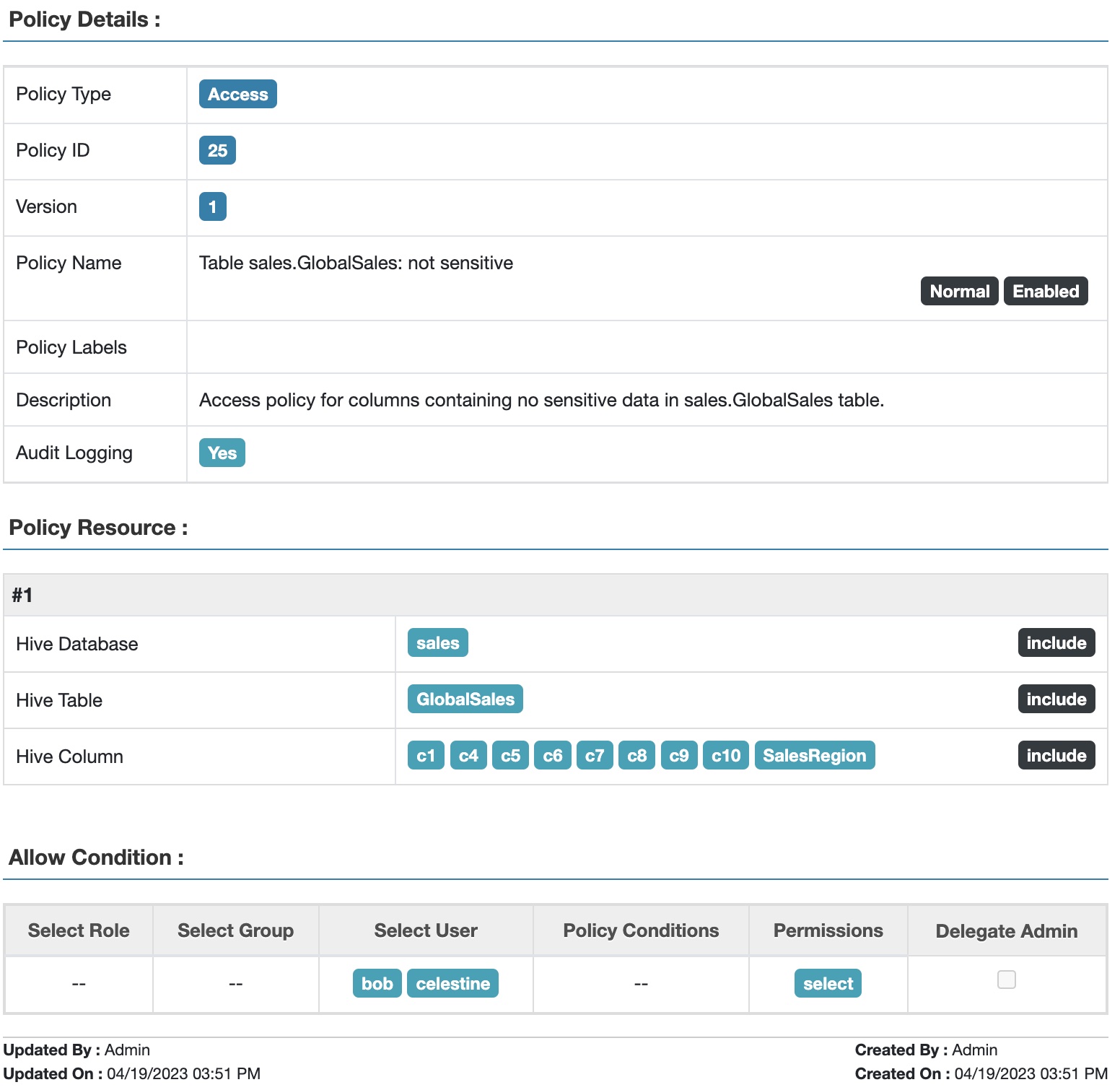 Fig 4. Apache Ranger™ access policy for non-sensitive data in table GlobalSales