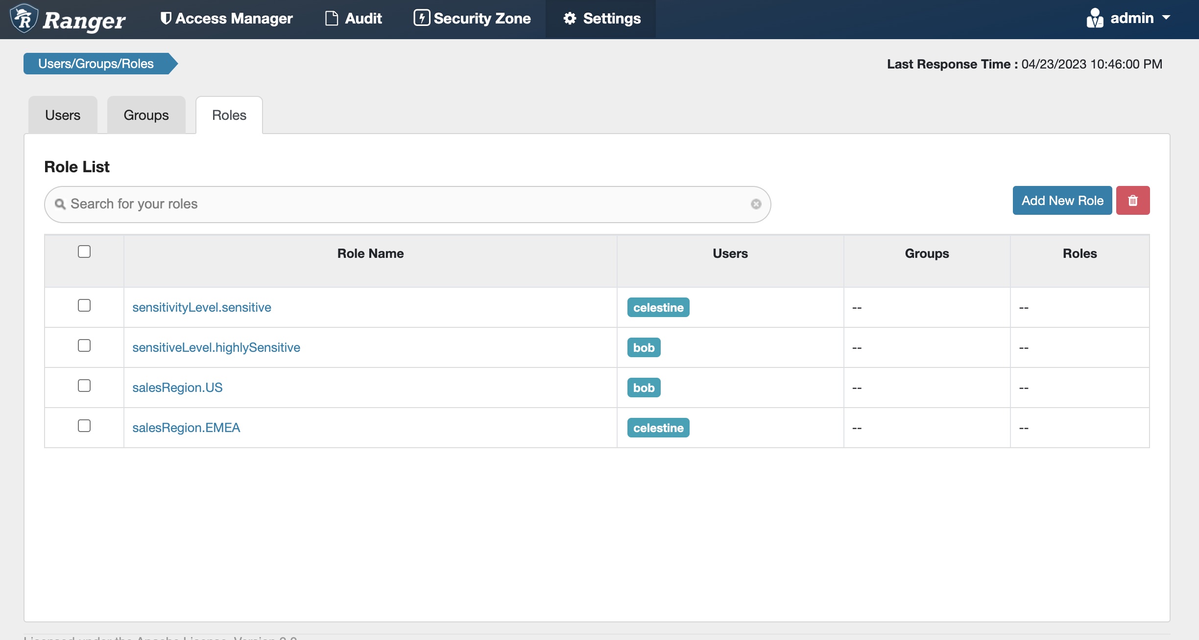 Fig 6. Apache Ranger™ roles to capture sensitivity level and sales region for users