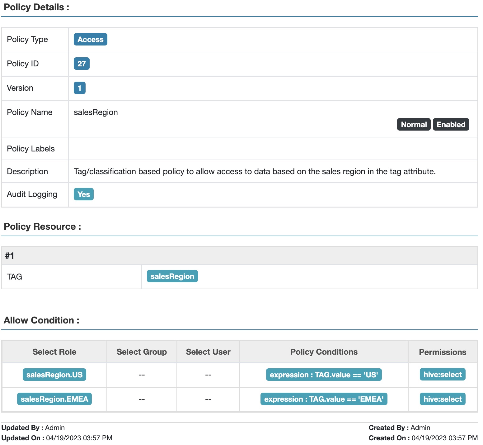 Fig 7. Apache Ranger™ tag attribute-based access policy for sales region