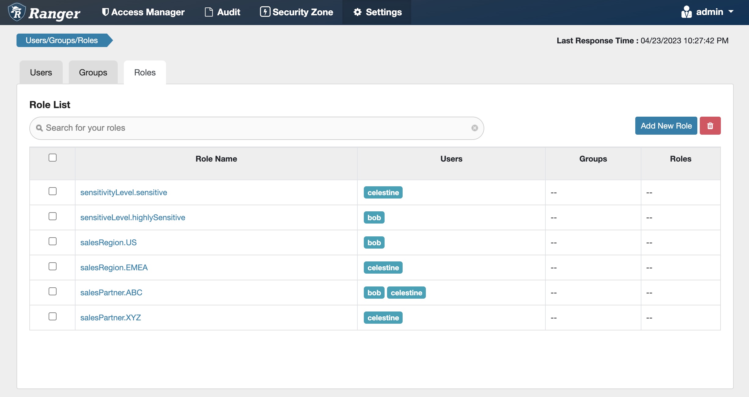 Fig 10. Apache Ranger™ roles to capture sensitivity level, sales region and sales partners for users