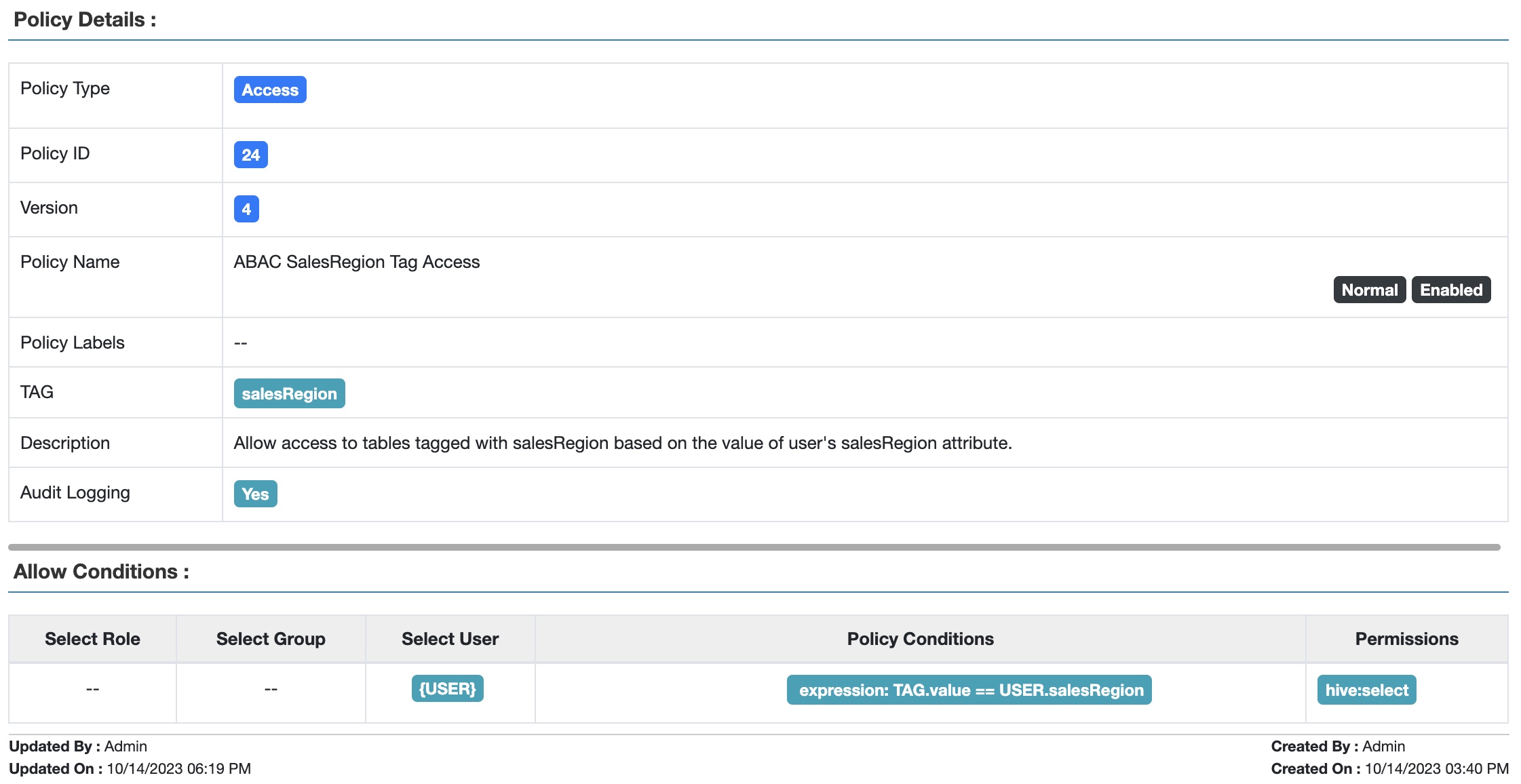 Fig 4. Apache Ranger™ ABAC-based tag policy to allow access to tables based on the value of the user's attribute.